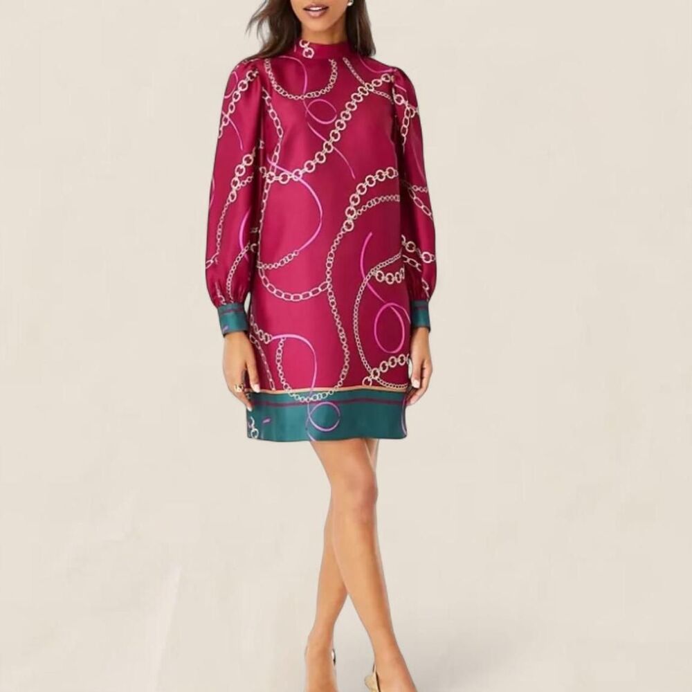 Ann Taylor Chain Print Mock Neck Puff Sleeve Shift Dress | xs Maximalist